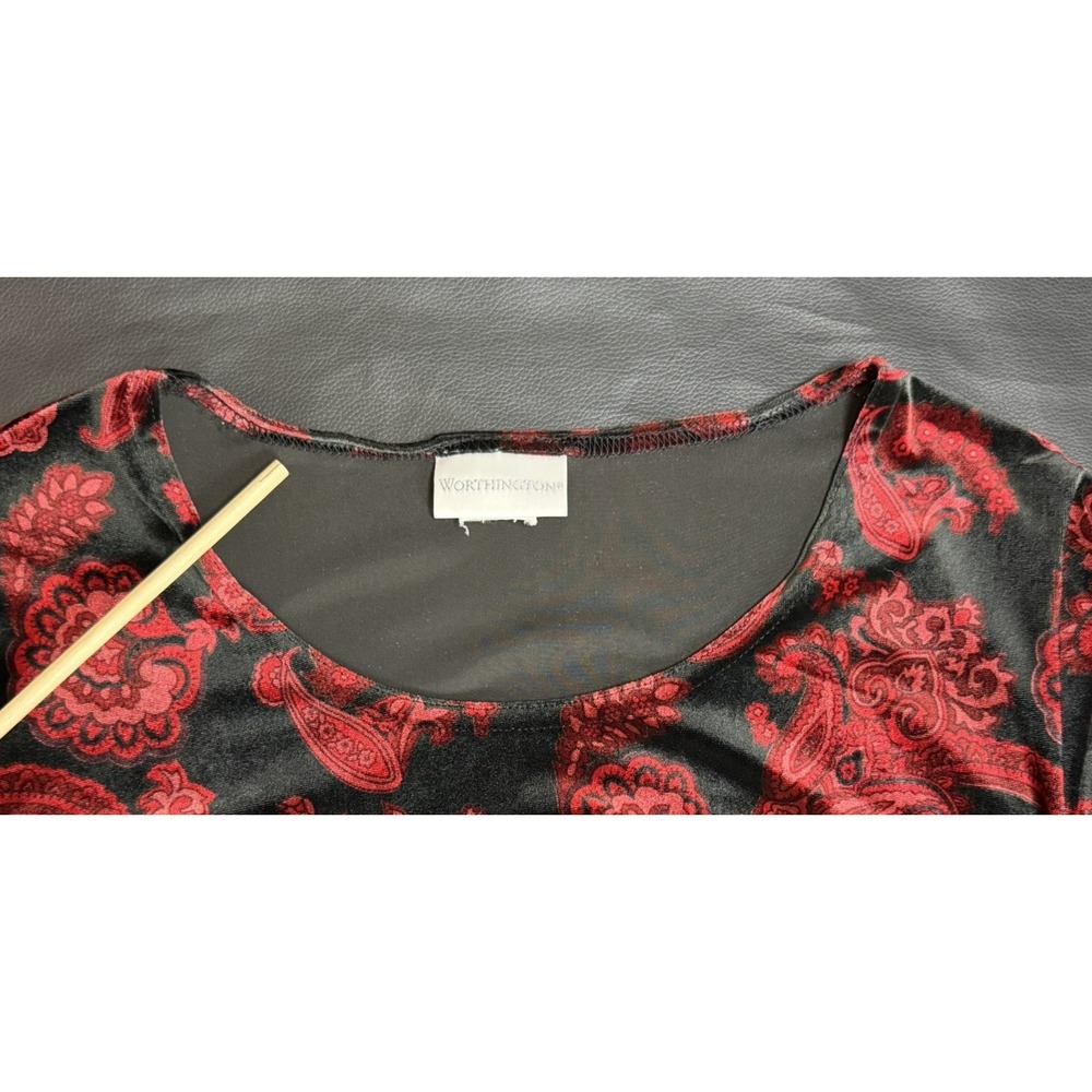 Vtg Worthington Red Black Paisley Velvet Top 3/4 Sleeve L / XL Y2K Whimsigoth - Picture 9 of 10